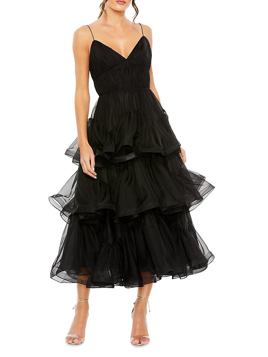 Mac Duggal V Neckline Spaghetti Strap Tiered Dress Product Image