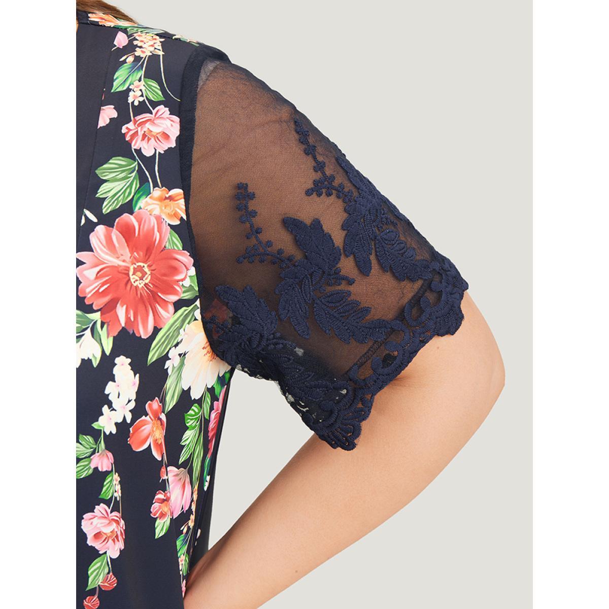 Plus Size Indigo Floral Pleated Mesh Lace Sleeve Square Neck Blouse Women Vacation Short sleeve Square Neck Dailywear Blouses BloomChic 18-20/2X Product Image