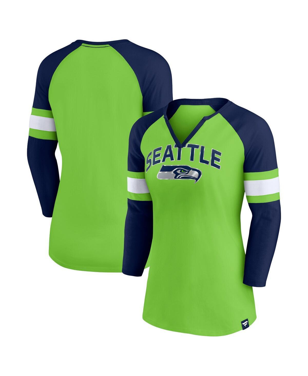 Women's Fanatics Branded Neon Green/College Navy Seattle Seahawks Arch Raglan 3/4-Sleeve Notch Neck T-Shirt, Size: XS, Brt Gr Product Image