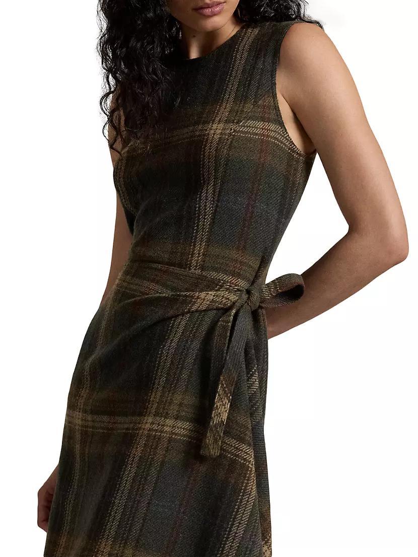 Check Wool-Blend Sleeveless Faux Wrap Midi Dress Product Image