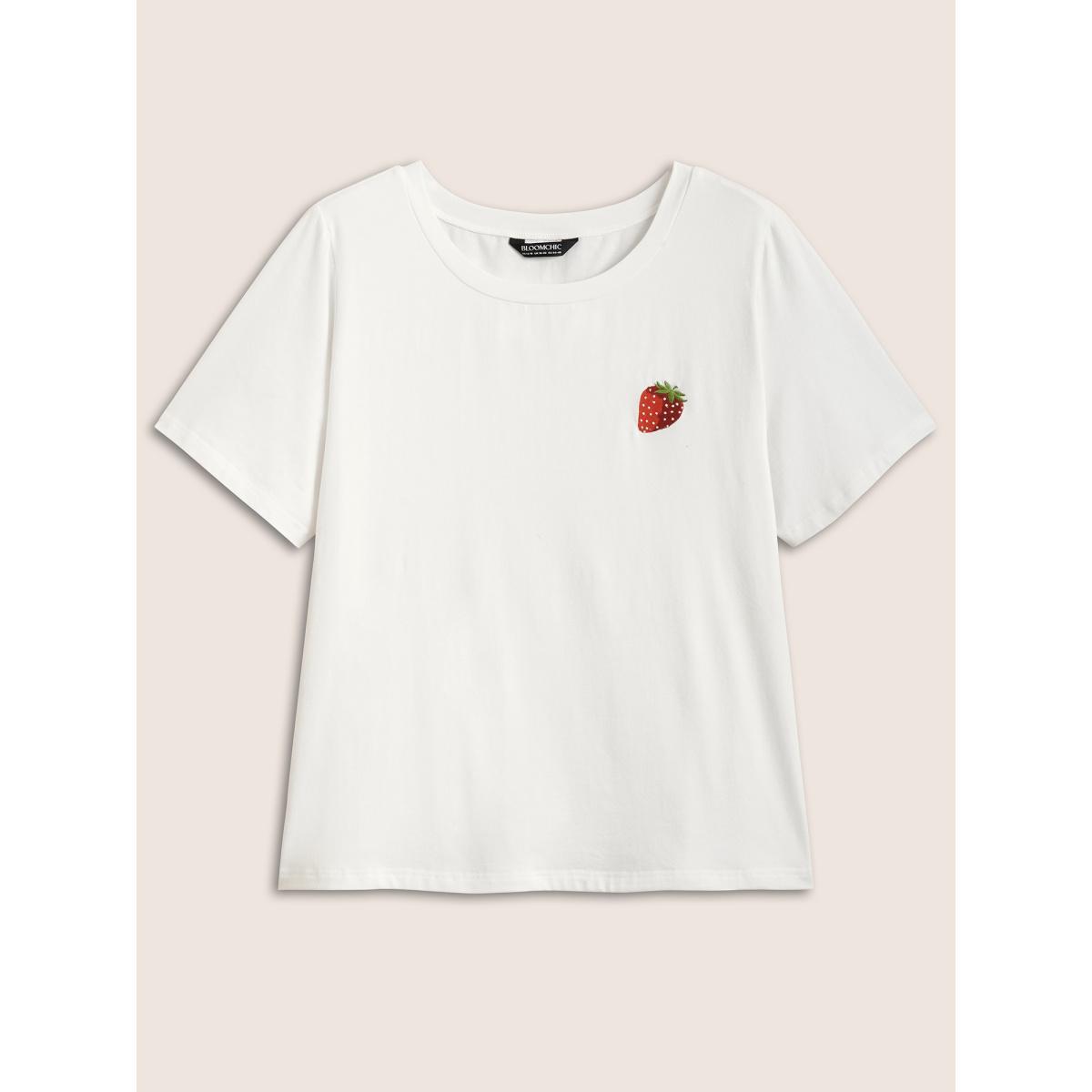 Plus Size Strawberry Print Crew Neck T-shirt Originalwhite Women Casual Contrast Fruit Round Neck Everyday T-shirts BloomChic 26/4X Product Image