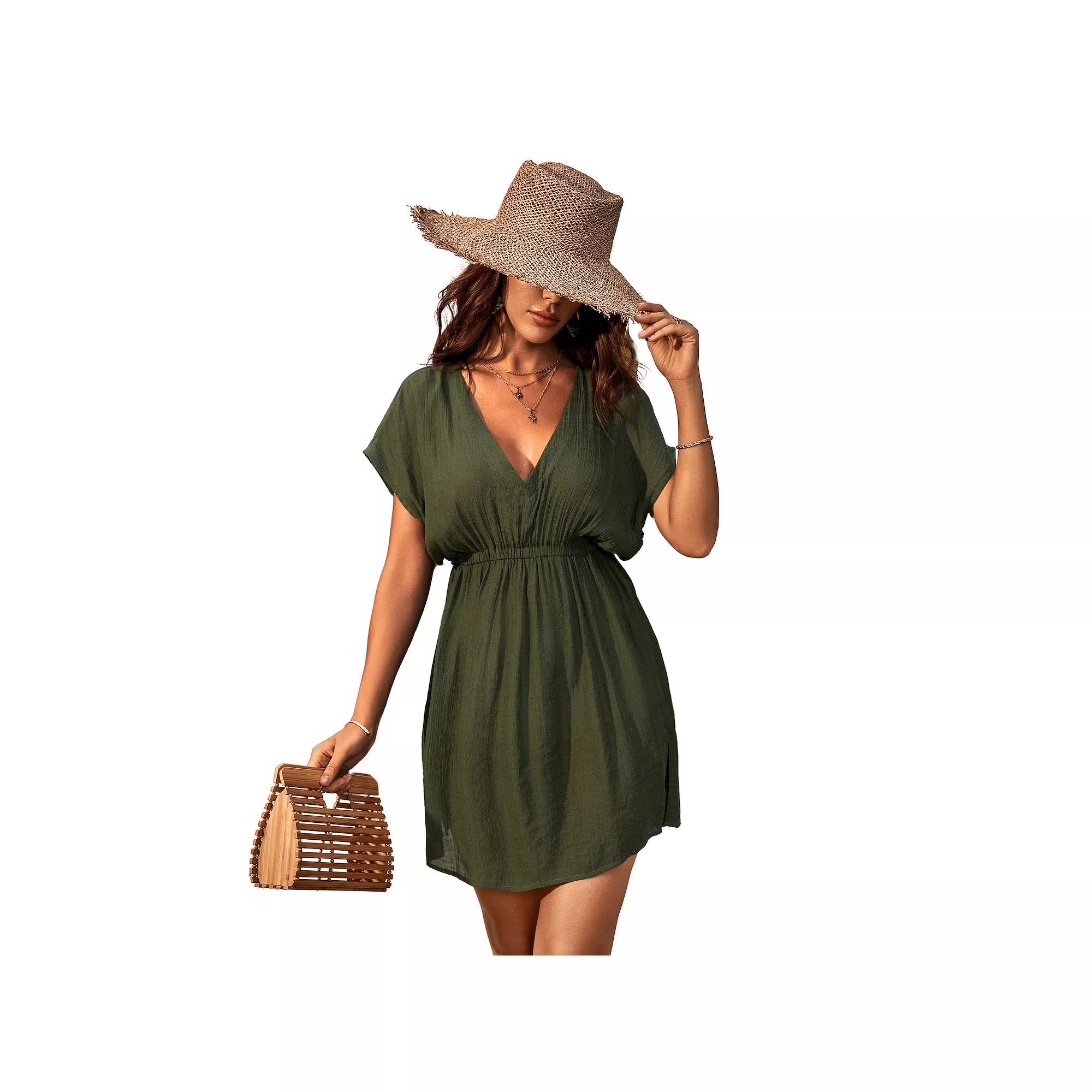 Women's Cupshe Dolman Sleeve V-Neck Elastic Waist Mini Swim Cover-Up Dress, Size: Large, Blue Product Image