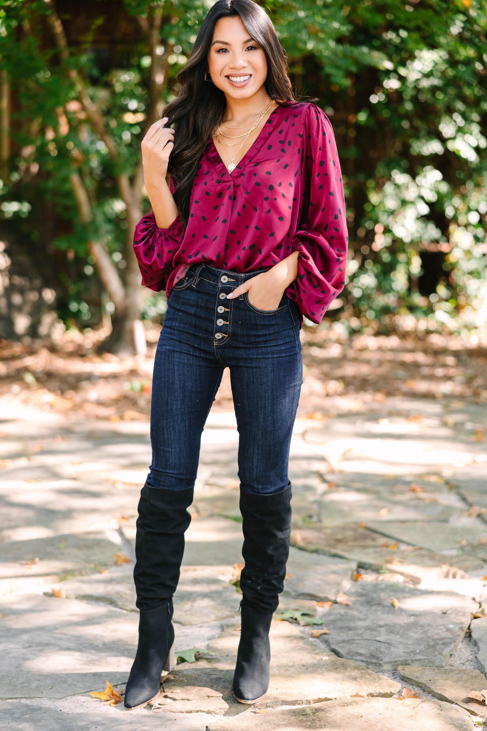 I Believe In You Burgundy Red Spotted Blouse Female Product Image