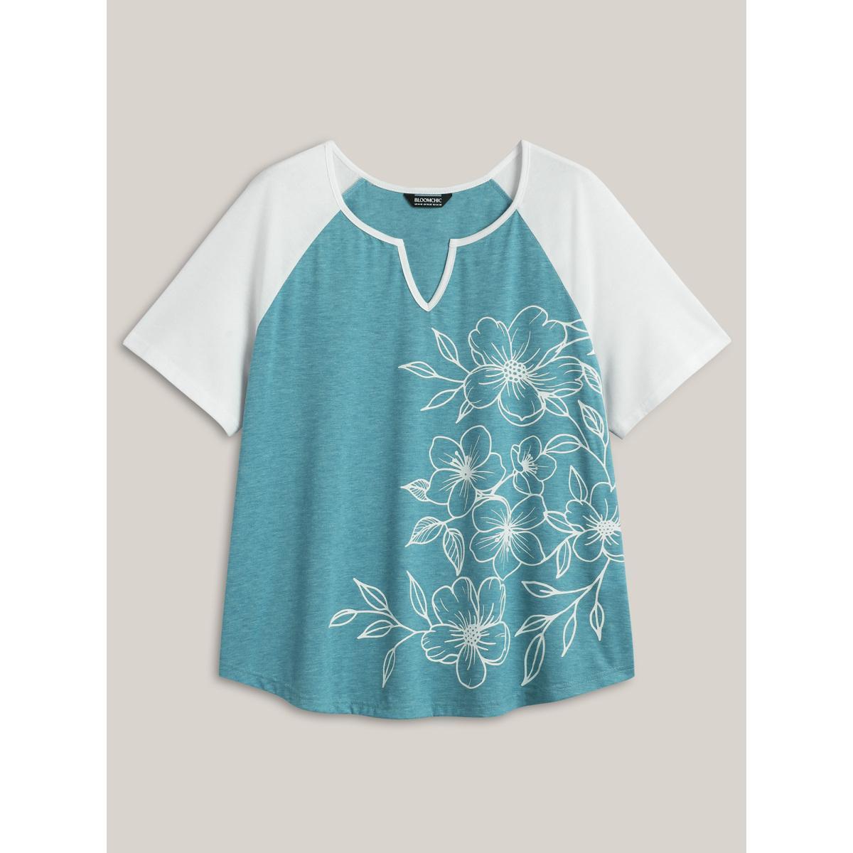 Plus Size Supersoft Heather Split Neck T-Shirt Cerulean Women Contrast Flat collar with V-notch Everyday-Casual T-shirts BloomChic 26/4X Product Image