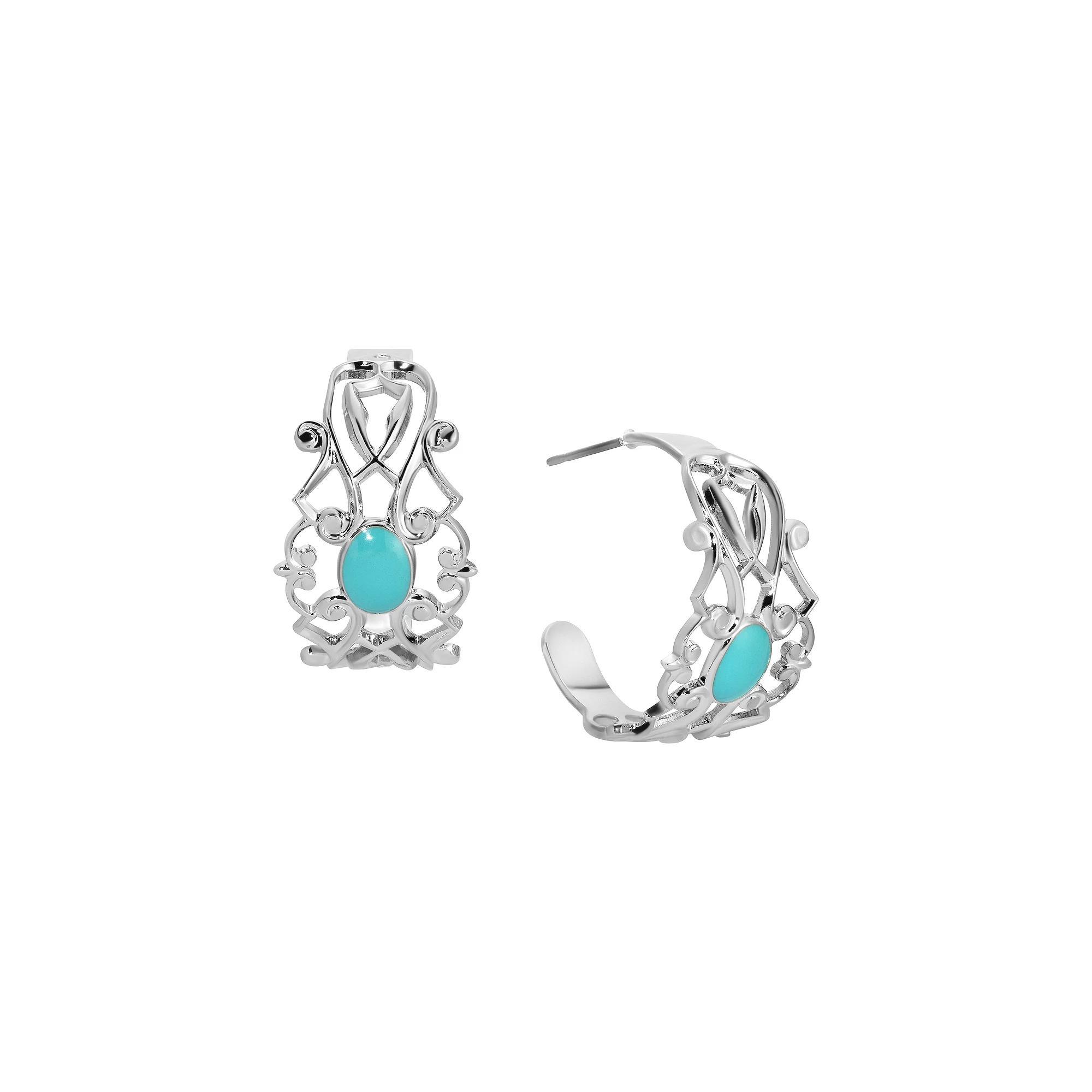 1928 Silver Tone Filigree with Enamel Oval Hoop Earrings, Womens, Turquoise Product Image