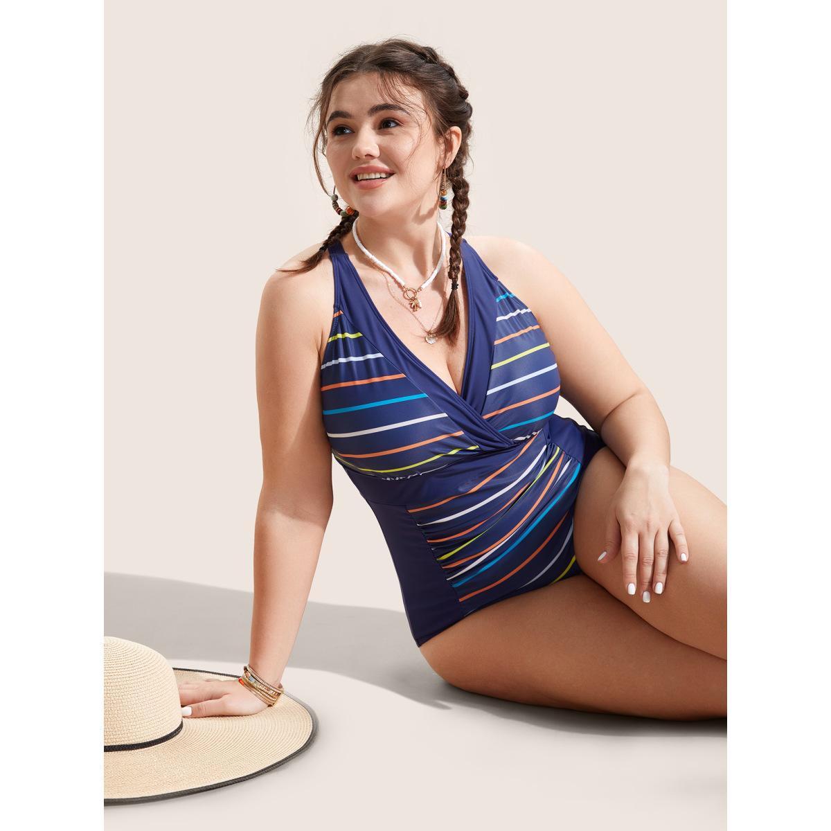 Plus Size Striped Overlap Collar Ruched One Piece Swimsuit Women's Swimwear DarkBlue Beach Gathered Curve Bathing Suits High stretch One Pieces BloomChic 26/4X Product Image