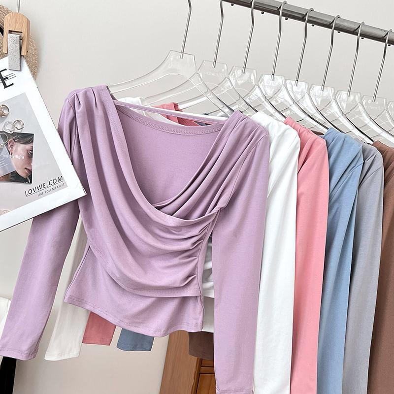 Long-Sleeve Cowl Neck Plain Crop Top Product Image