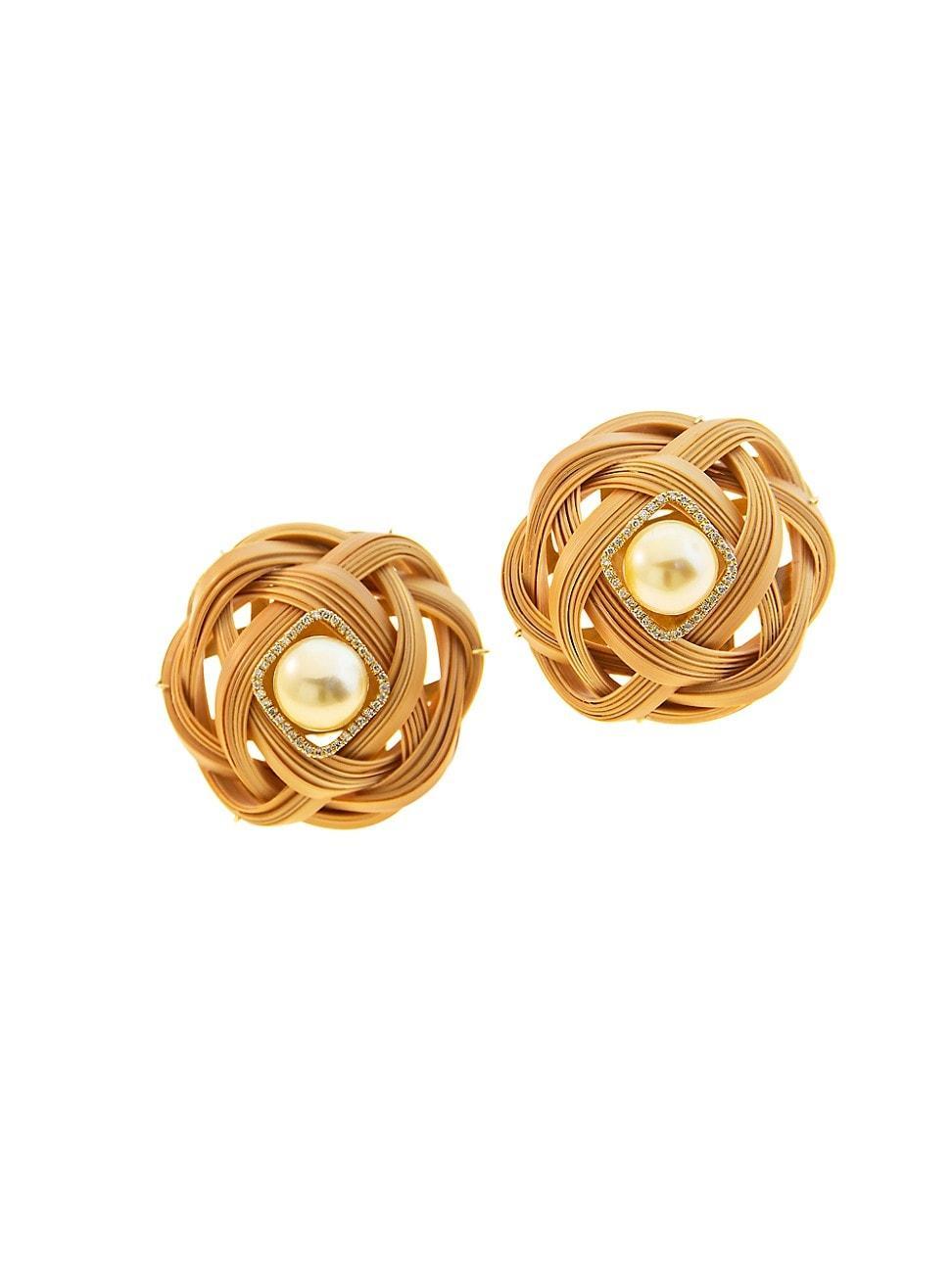 Womens Bamboo 18K Yellow Gold, 12MM Golden Pearl, Diamond & Yellow Sapphire Woven Bamboo Earrings Product Image