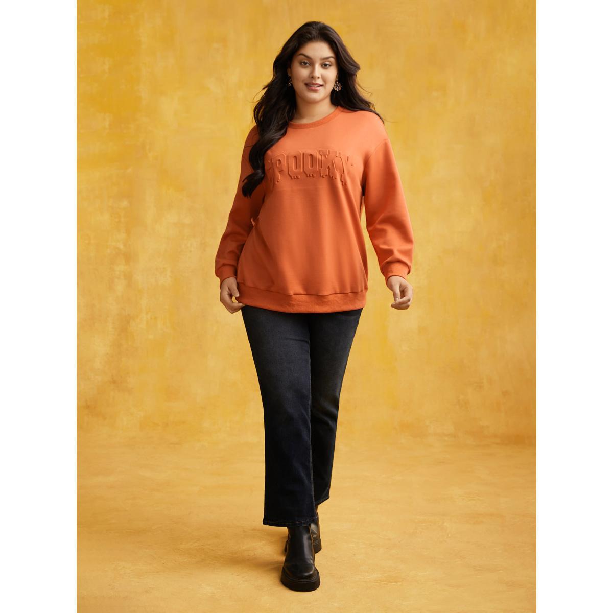 Plus Size Supersoft Essentials Drop Shoulder Halloween Sweatshirt Women Brightorange Casual Patchwork Loose Round Neck Everyday Sweatshirts BloomChic 22-24/3X Product Image