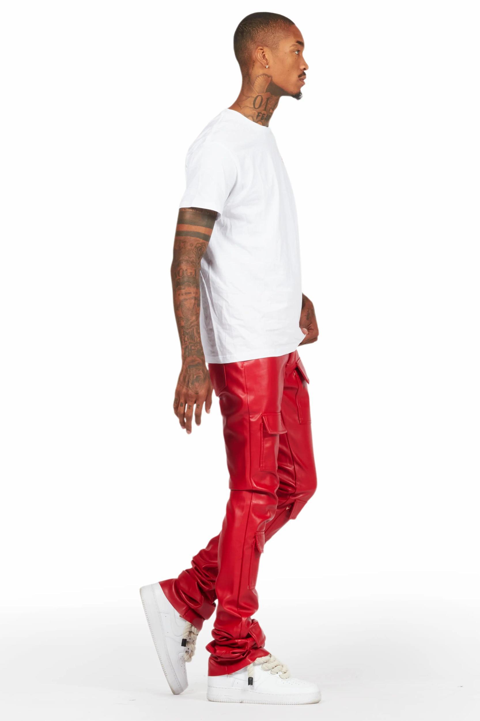 Petrus Red PU Stacked Flare Leather Jean Male Product Image