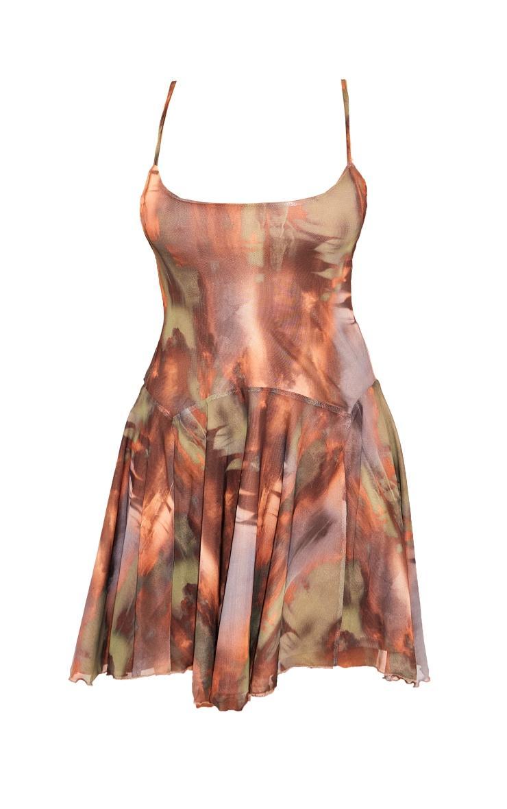 Brown Abstract Strappy Frill Shift Dress Product Image