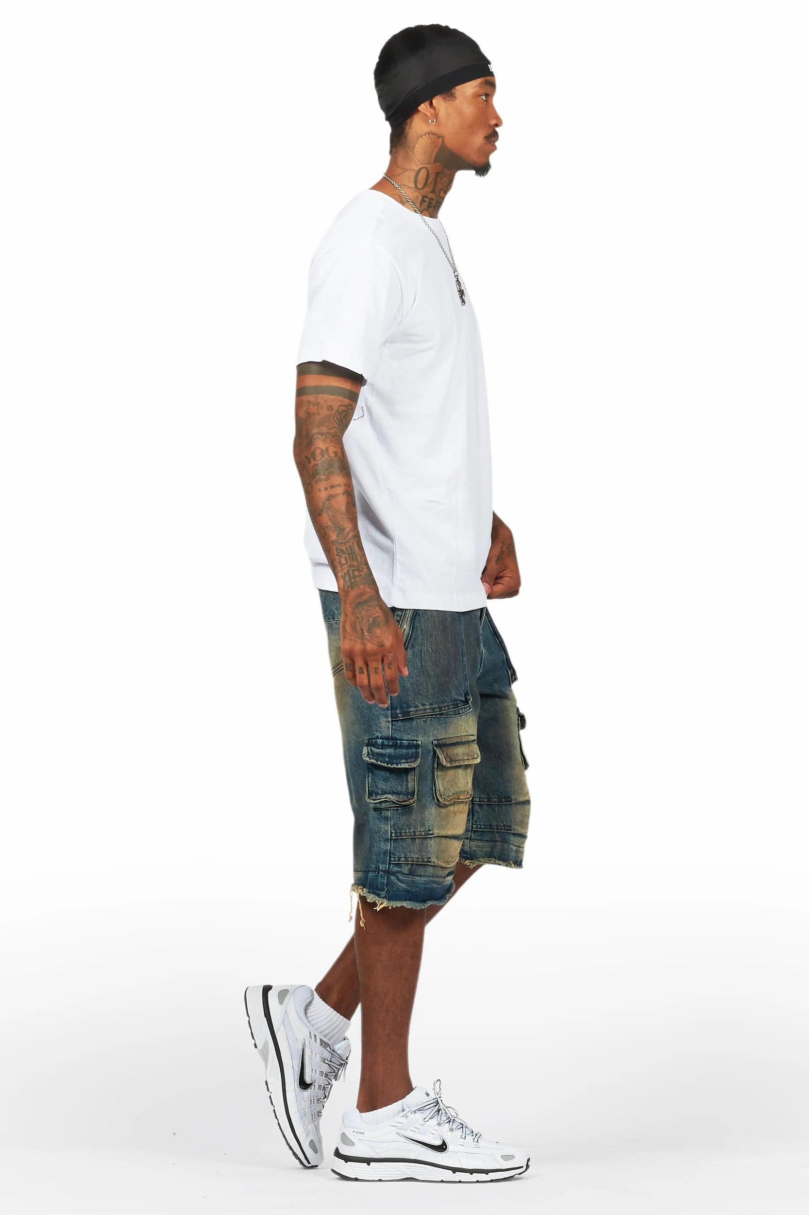 Lake White/Dark Blue T-Shirt/Denim Short Set Male Product Image