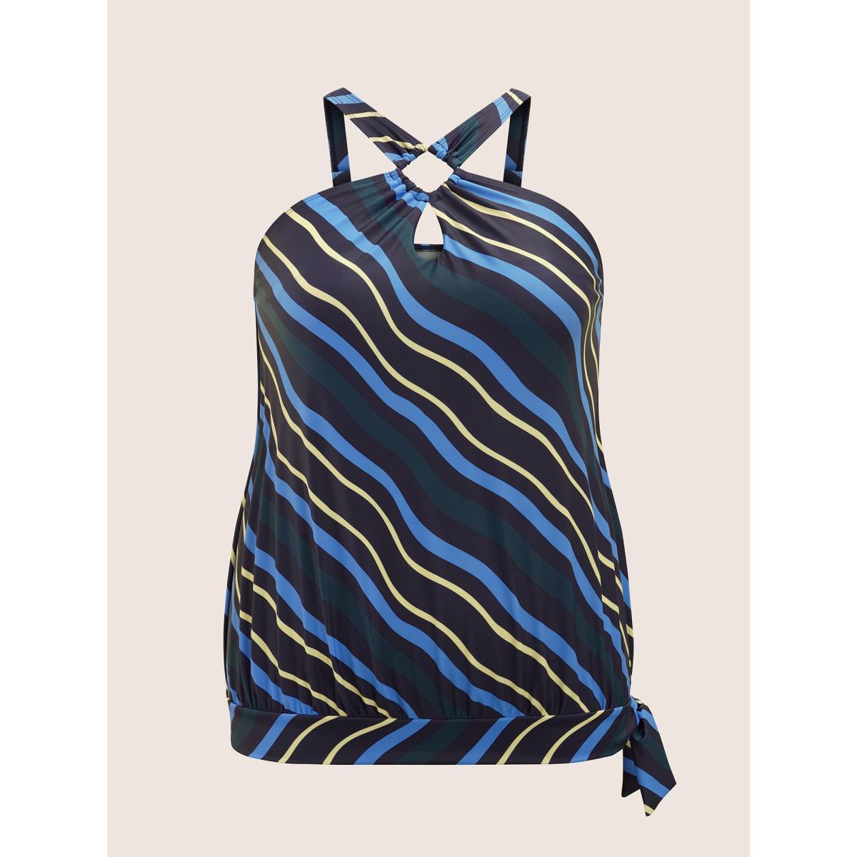 Plus Size Striped Keyhole Tie Knot Swim Top Women's Swimwear Cerulean Beach Tie knot High stretch Bodycon Asymmetrical Neck Curve Swim Tops BloomChic 22-24/3X Product Image