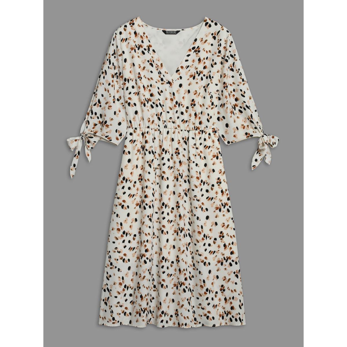 Plus Size Printed Stretchy Waist-Cinched Midi Dress Apricot Women Elegant Tie knot V-neck Elbow-length sleeve Curvy BloomChic 18-20/2X Product Image