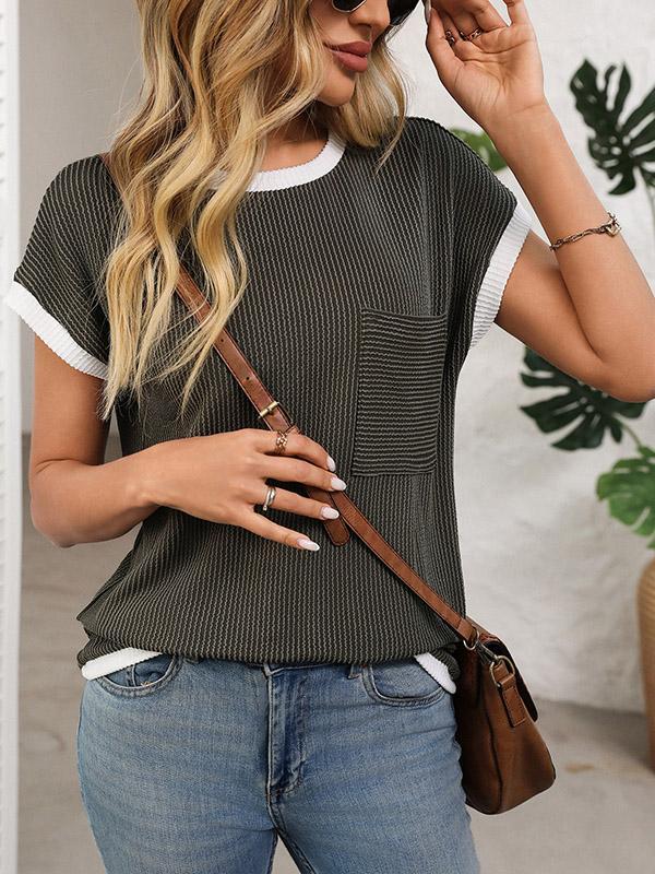 Loose Short Sleeves Colorful Contrast Color Pockets Round-neck T-Shirts Tops Product Image