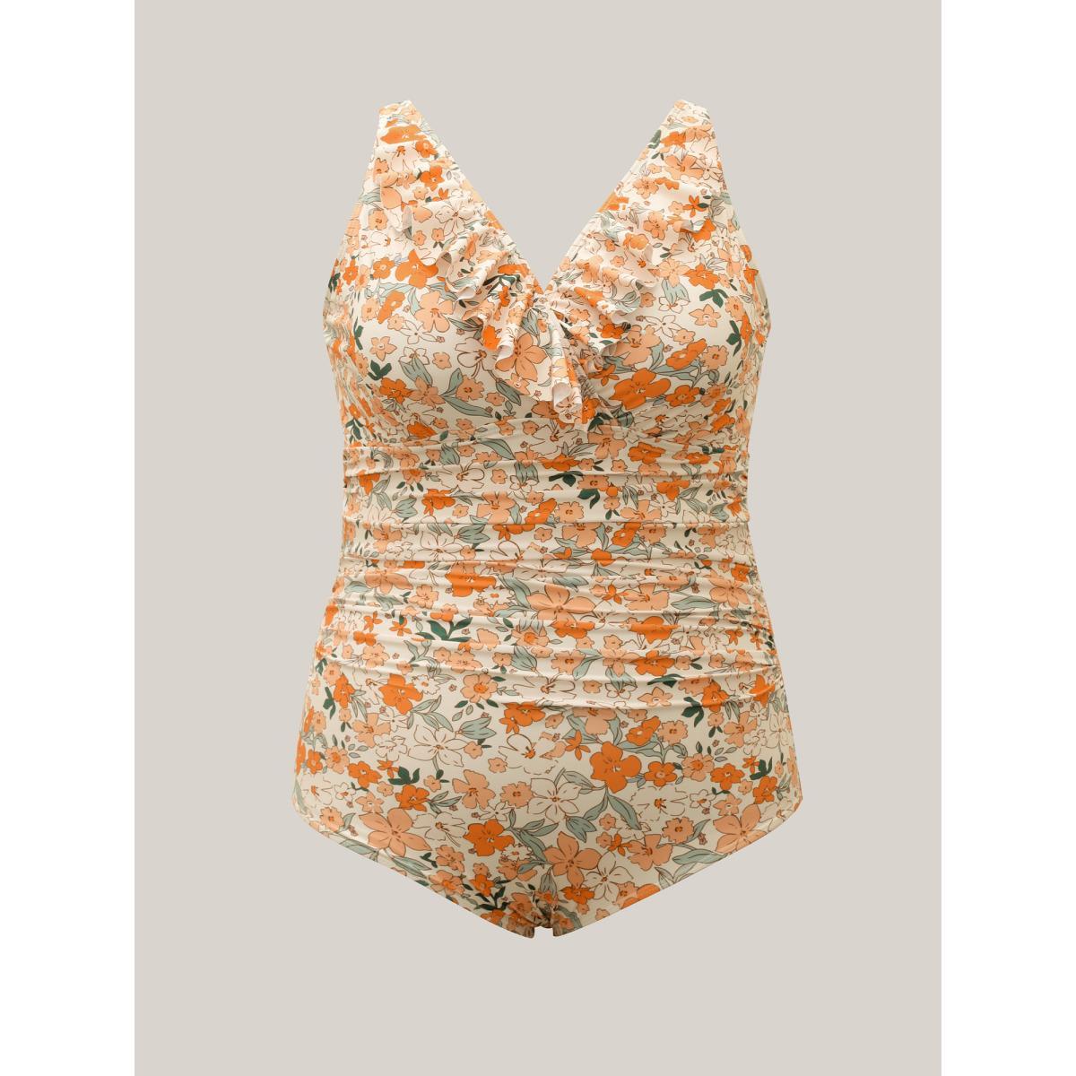 Plus Size Floral Knotted Mesh One-Piece,Sarong Women's Swimwear Multicolor Beach Gathered Curve Bathing Suits High stretch One Pieces BloomChic 18-20/2X Product Image