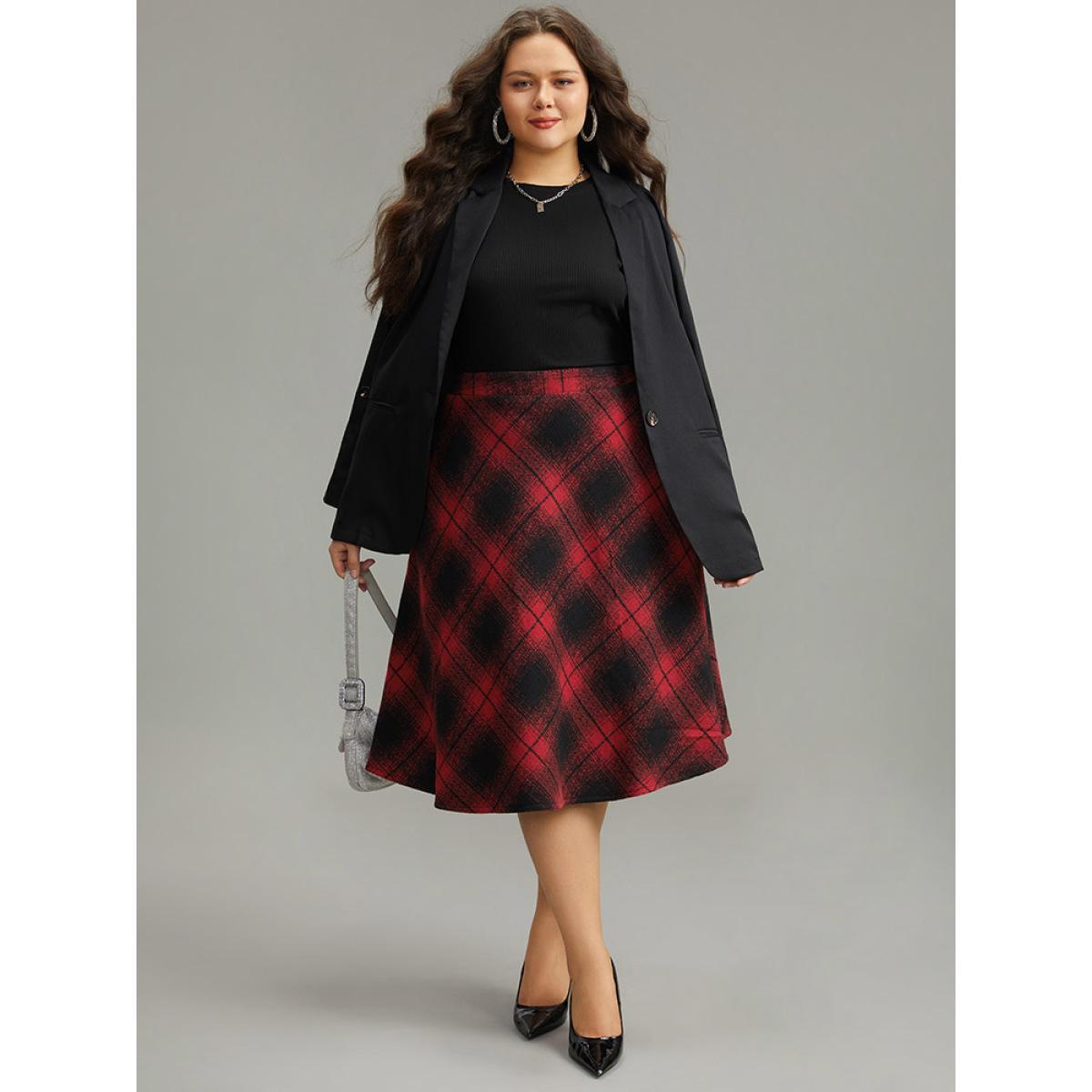 Plus Size Plaid Pocket Elastic Waist Skirt Women Red Casual A-line No stretch Pocket Everyday Skirts BloomChic 14-16/1X Product Image