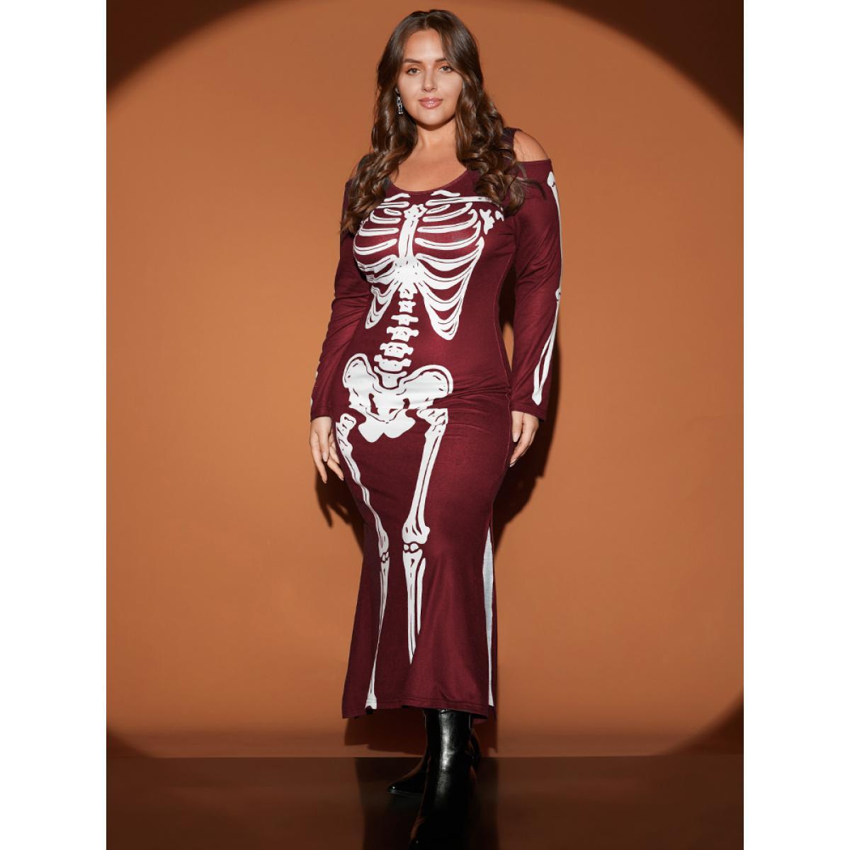 Plus Size Halloween Skeleton Print Cold Shoulder Split Hem Maxi Dress Burgundy Women Casual Printed Cold Shoulder Long Sleeve Curvy Long Dress BloomChic 18-20/2X Product Image