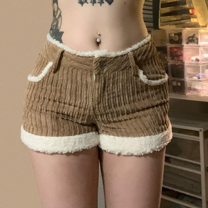 Mid Rise Corduroy Fleece Trim Shorts Product Image