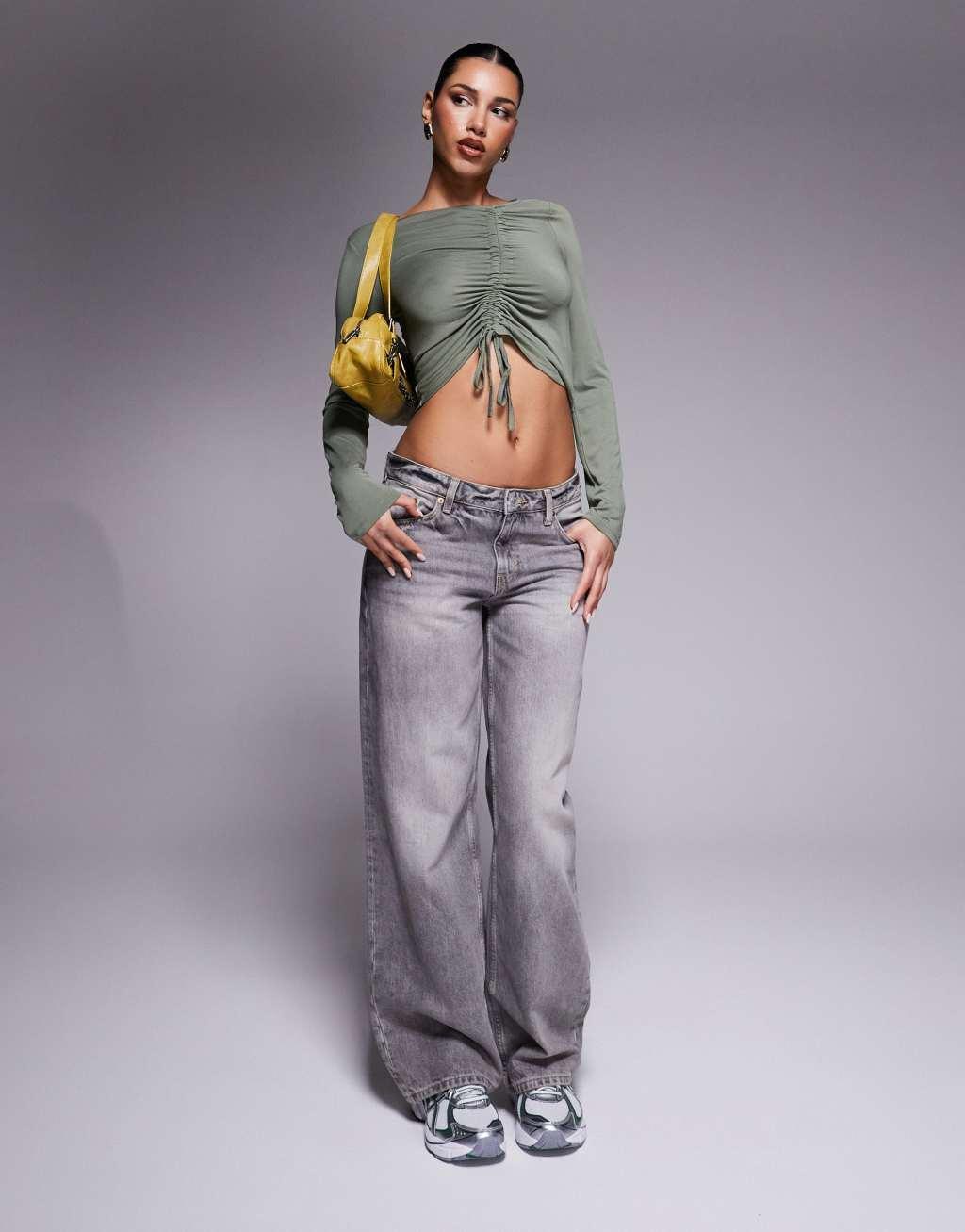 ASOS DESIGN soft handle long sleeve top with front asymmetric ruching in sage Product Image