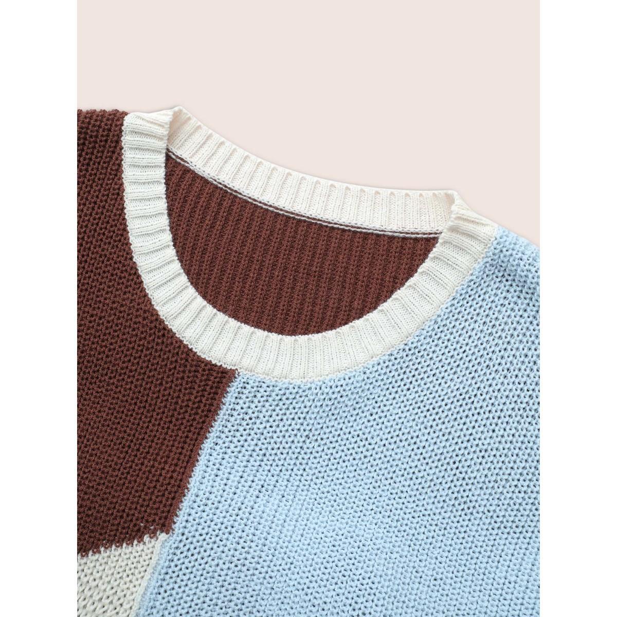 Plus Size Asymmetrical Colorblock Contrast Drop Shoulder Pullover DarkBrown Women Casual Loose Long Sleeve Round Neck Dailywear Pullovers BloomChic 28/5X Product Image