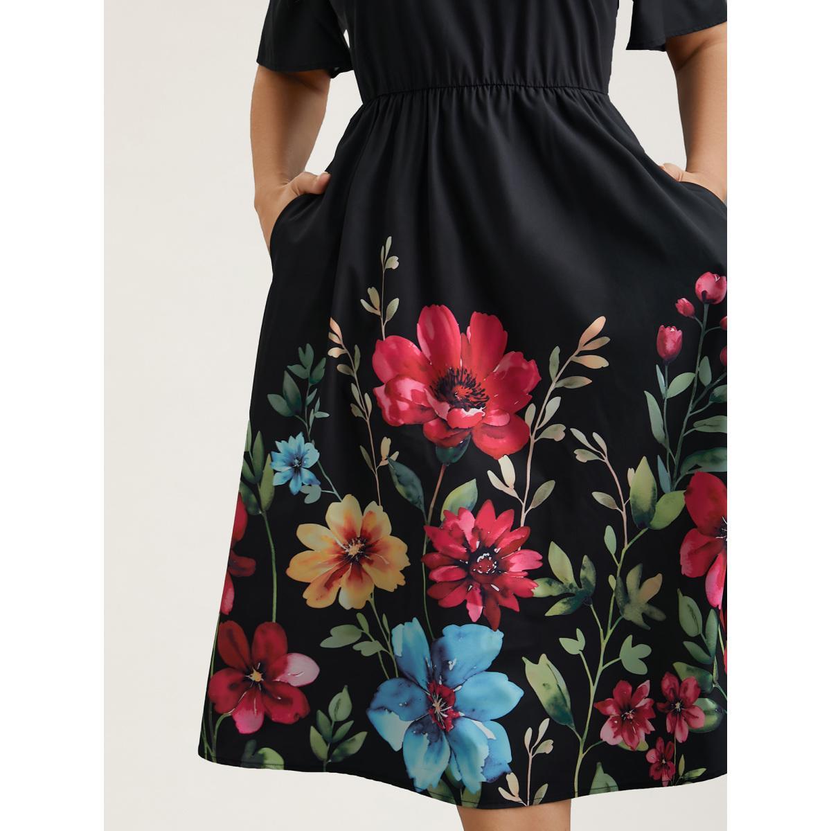 Plus Size Floral Print V-Neck Half-Sleeve Midi Dress Black Women Elegant Non V-neck Short sleeve Curvy BloomChic 30/6X Product Image