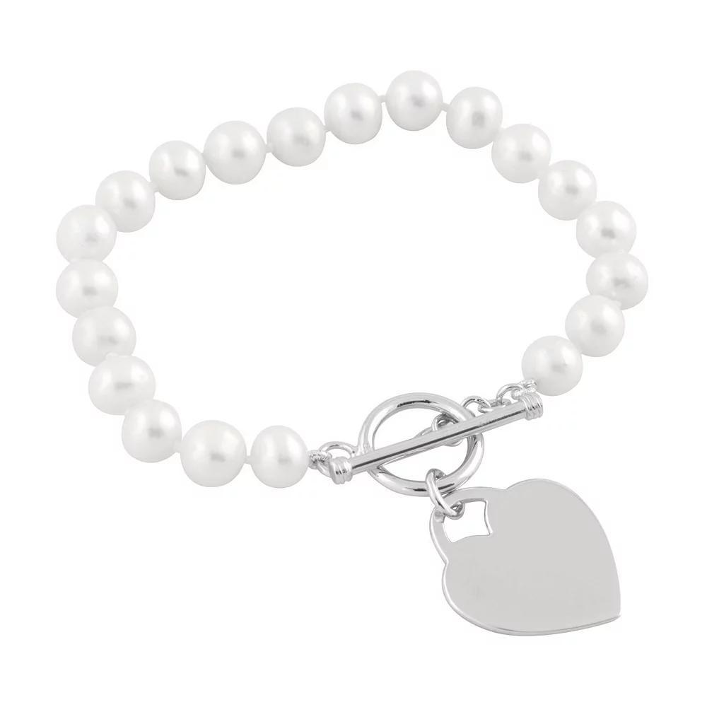Freshwater Pearl & Sterling Silver Heart Charm Bracelet, Women's, Size: 7.25" Product Image