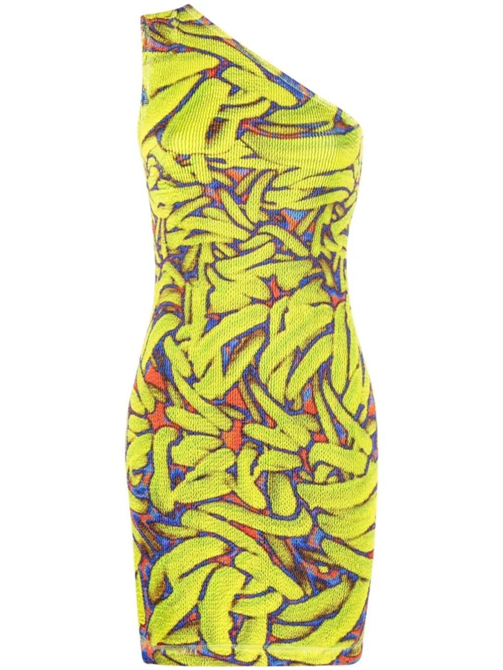 BOTTEGA VENETA Abstract-print One-shoulder Stretch-knit Mini Dress In Banana Print Product Image