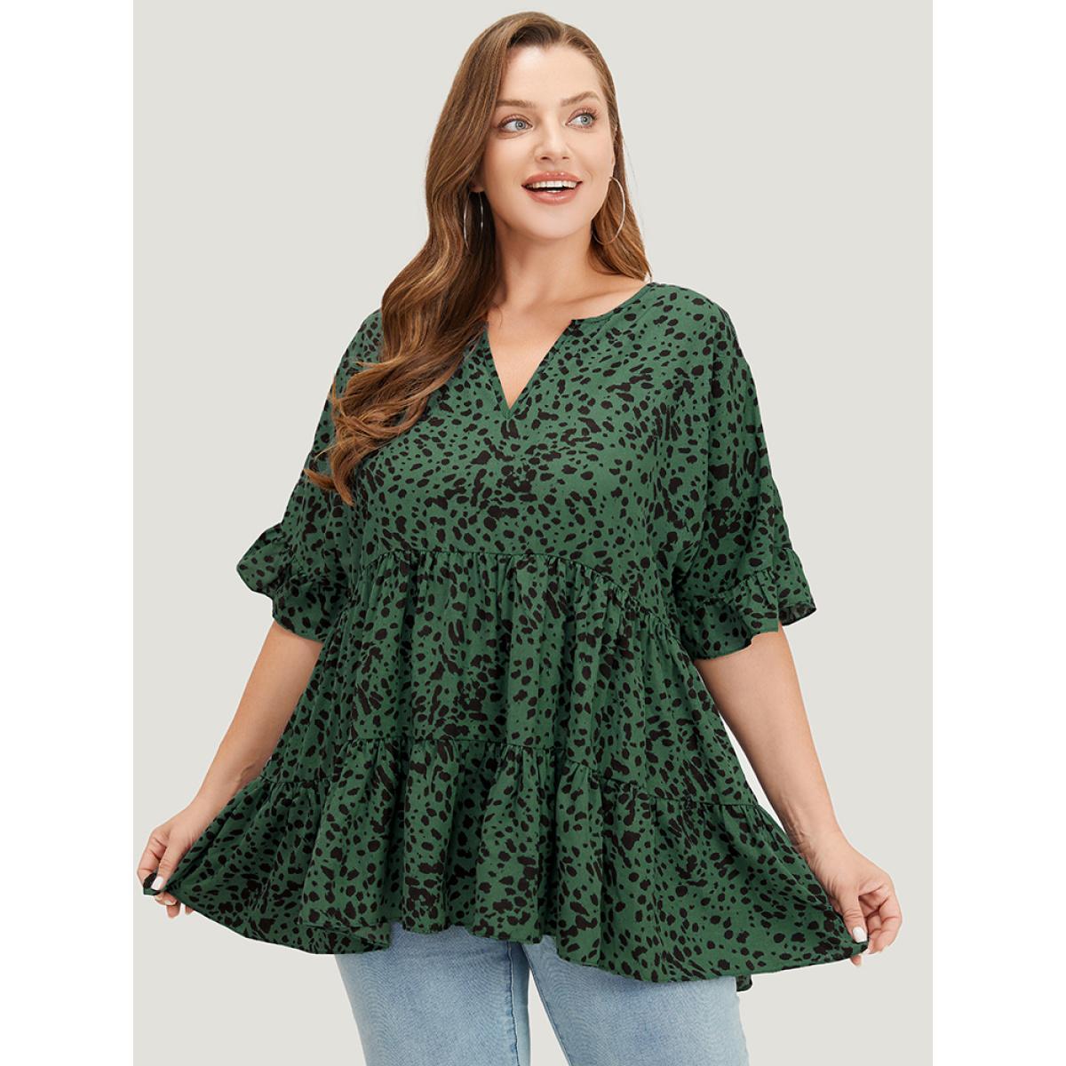 Plus Size Emerald Leopard Tiered Hem Notched Ruffle Sleeve Blouse Women Elegant Half Sleeve Notched collar Dailywear Blouses BloomChic 14-16/1X Product Image