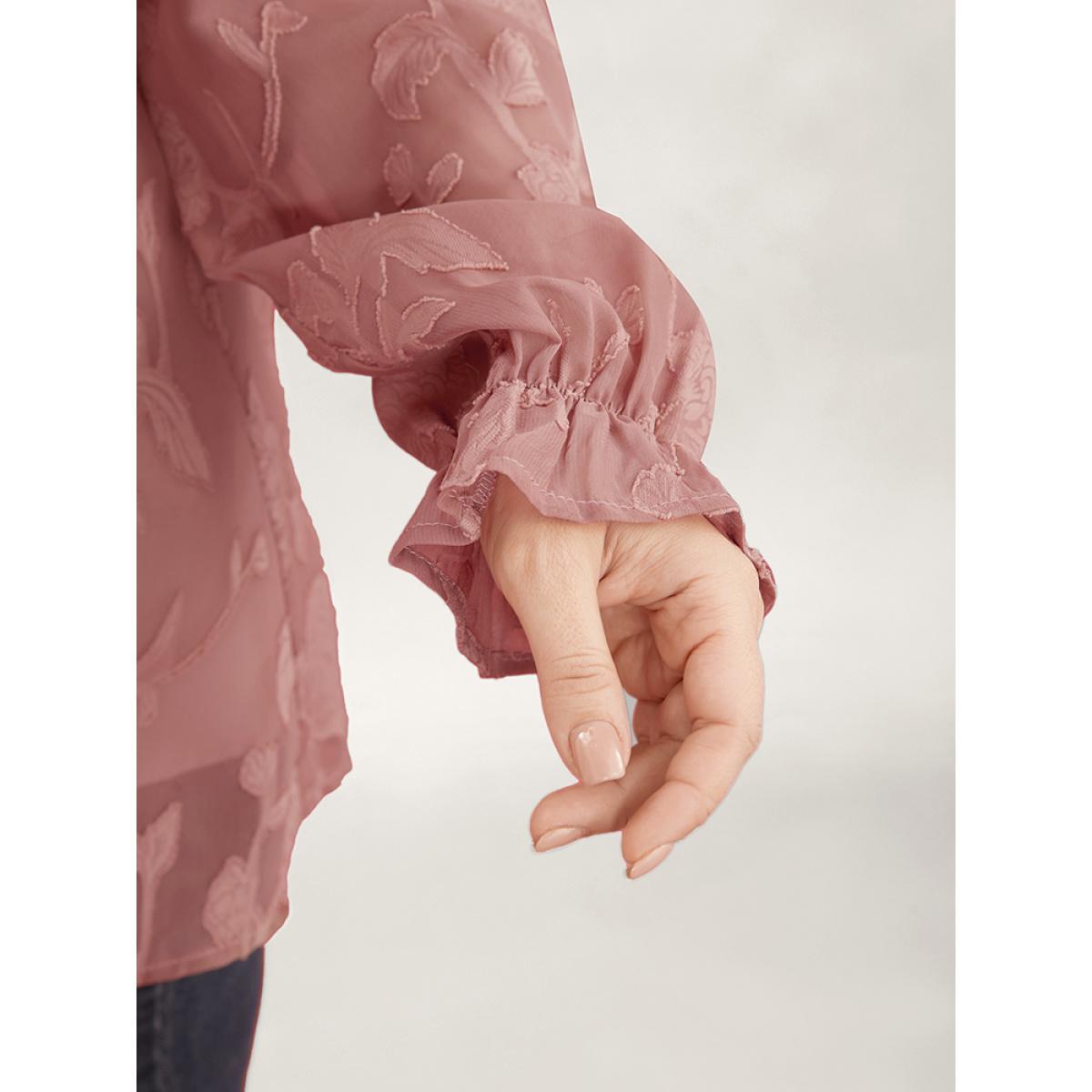 Plus Size DustyPink Floral Print Tie Neck Frill Trim Lantern Sleeve Blouse Women Glamour Long Sleeve V-neck Dailywear Blouses BloomChic 14-16/1X Product Image