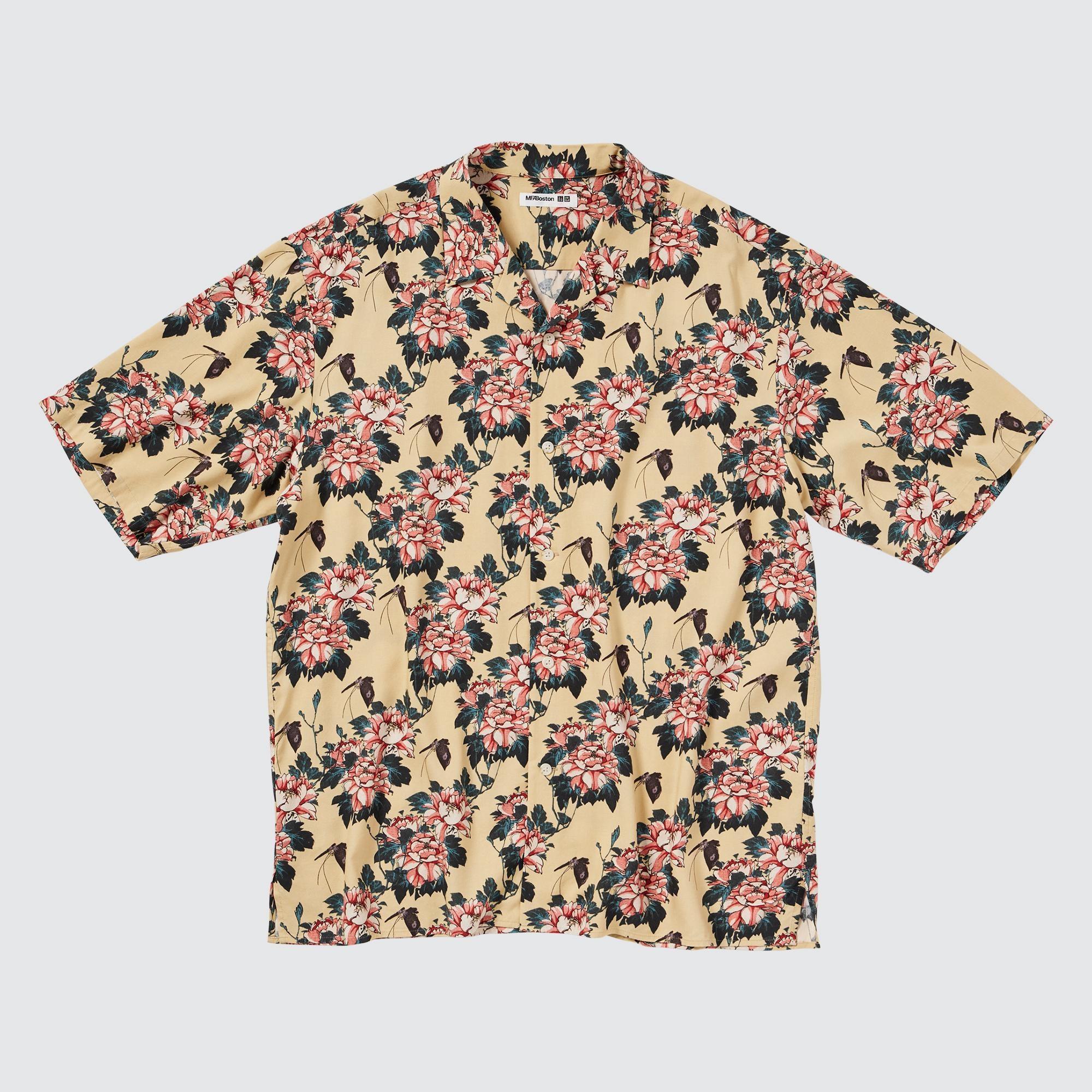 Mens Open Collar Shirt Short Sleeve Edo Ukiyo-E Print Yellow Small UNIQLO US Product Image