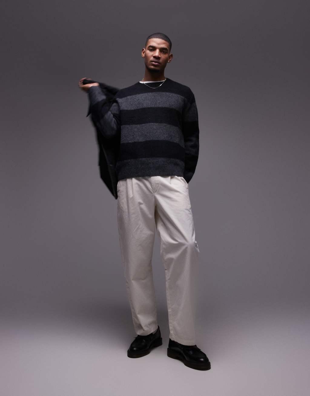 ARKET wool blend sweater in black and charcoal stripes Product Image