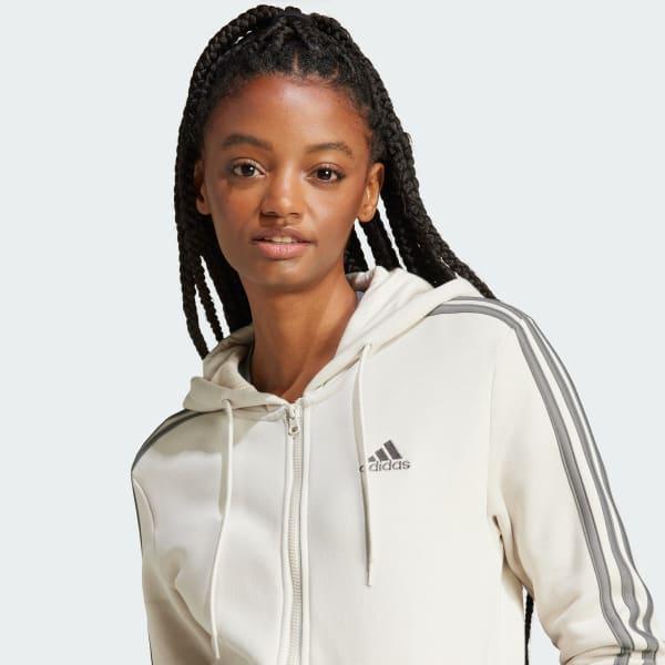adidas Essentials 3-Stripes Full-Zip Fleece Hoodie Linen Green S Womens Product Image