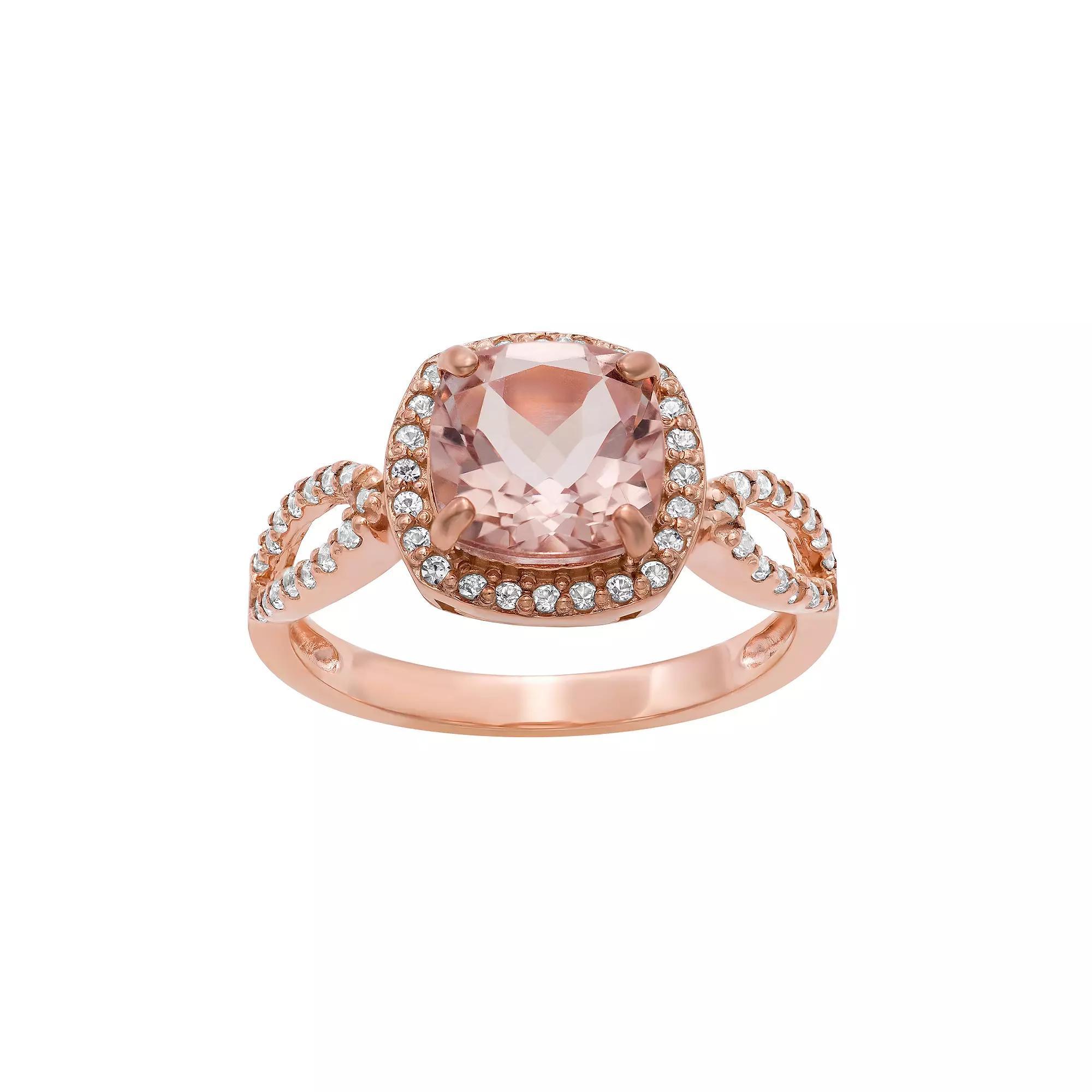 Designs by Gioelli 14k Rose Gold Over Silver Simulated Morganite and Lab-Created White Sapphire Halo Ring, Women's, Size: 6, Pink Product Image