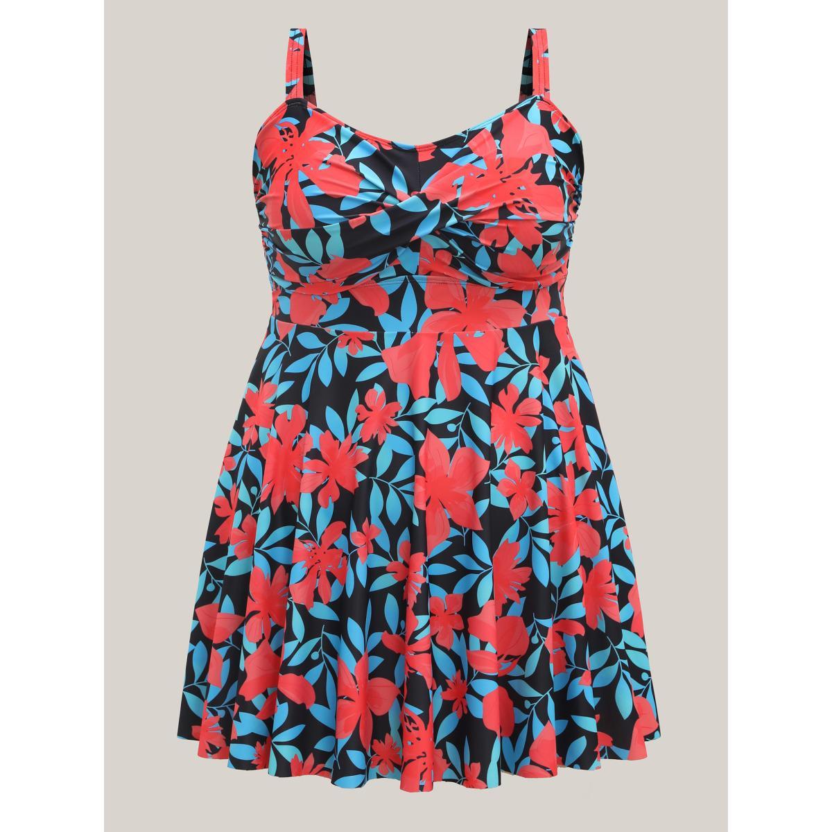 Plus Size Twist Front Floral Print Swim Dress Women's Swimwear Multicolor Beach Bodycon U-neck High stretch Curve Swim Dresses BloomChic 12/L Product Image