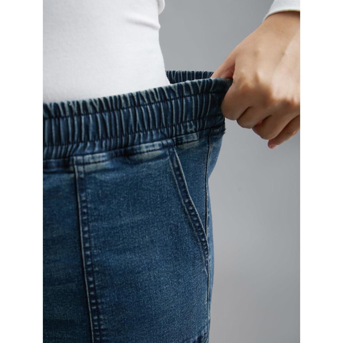 Plus Size Drawstring Stretchy Waist Pocket Jeans Women Denimindigo Casual Drawstring Medium stretch Slanted pocket Jeans BloomChic 26/4X Product Image