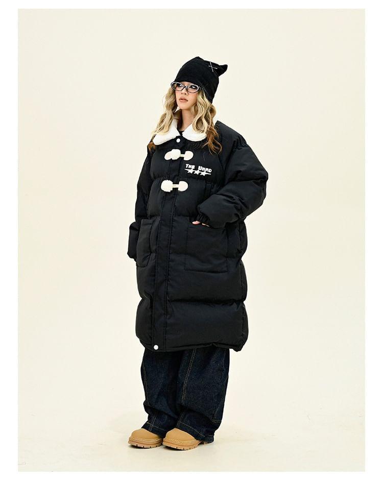 Collared Two Tone Lettering Long Puffer Coat Product Image