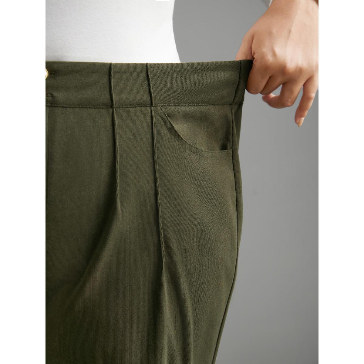 Plus Size Mid Rise Double Breasted Pleated Bootcut Pants Women ArmyGreen Elegant Bootcut Mid Rise Everyday Pants BloomChic 18-20/2X Product Image