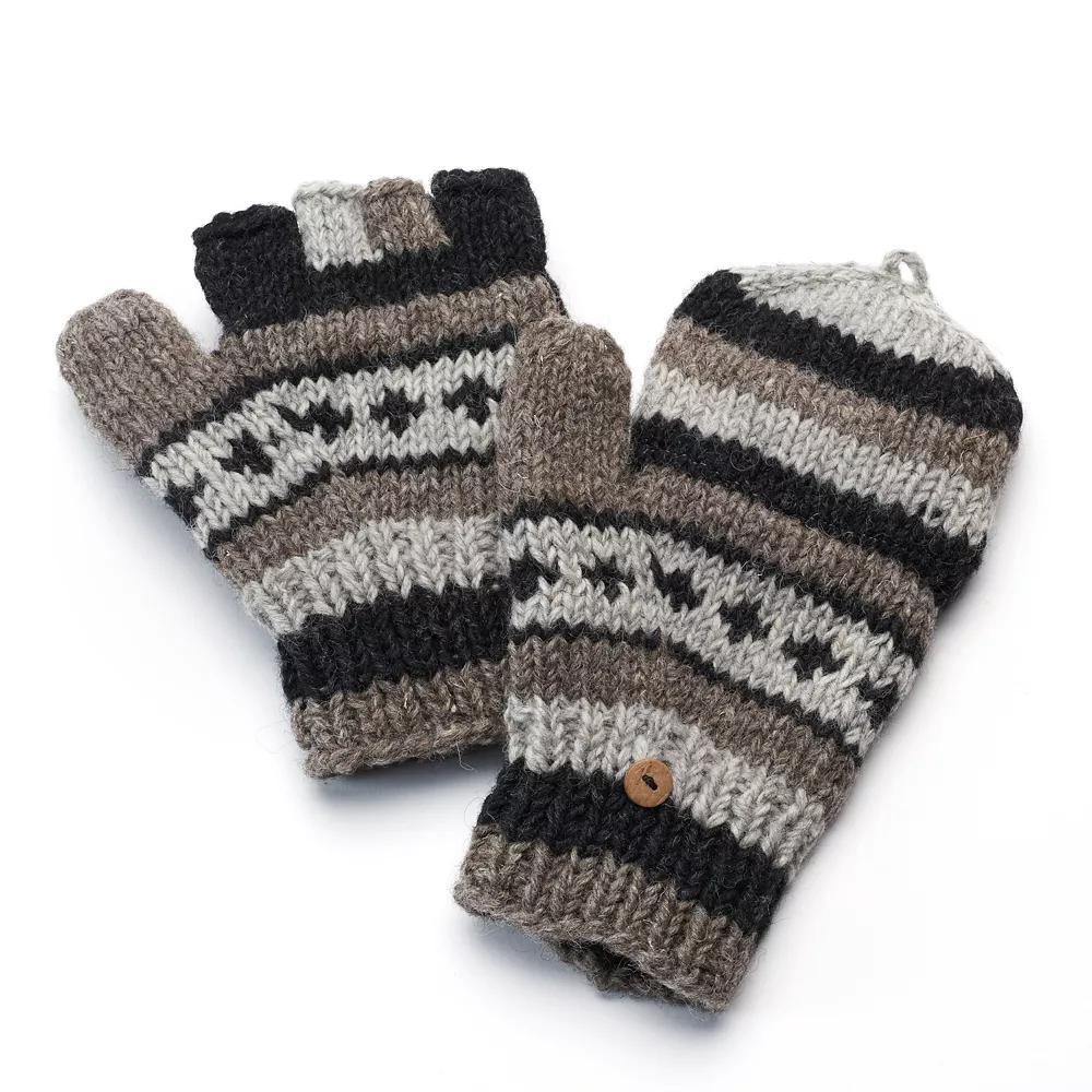 SIJJL Women's Striped Wool Convertible Mittens, Gray Black Ivory Product Image