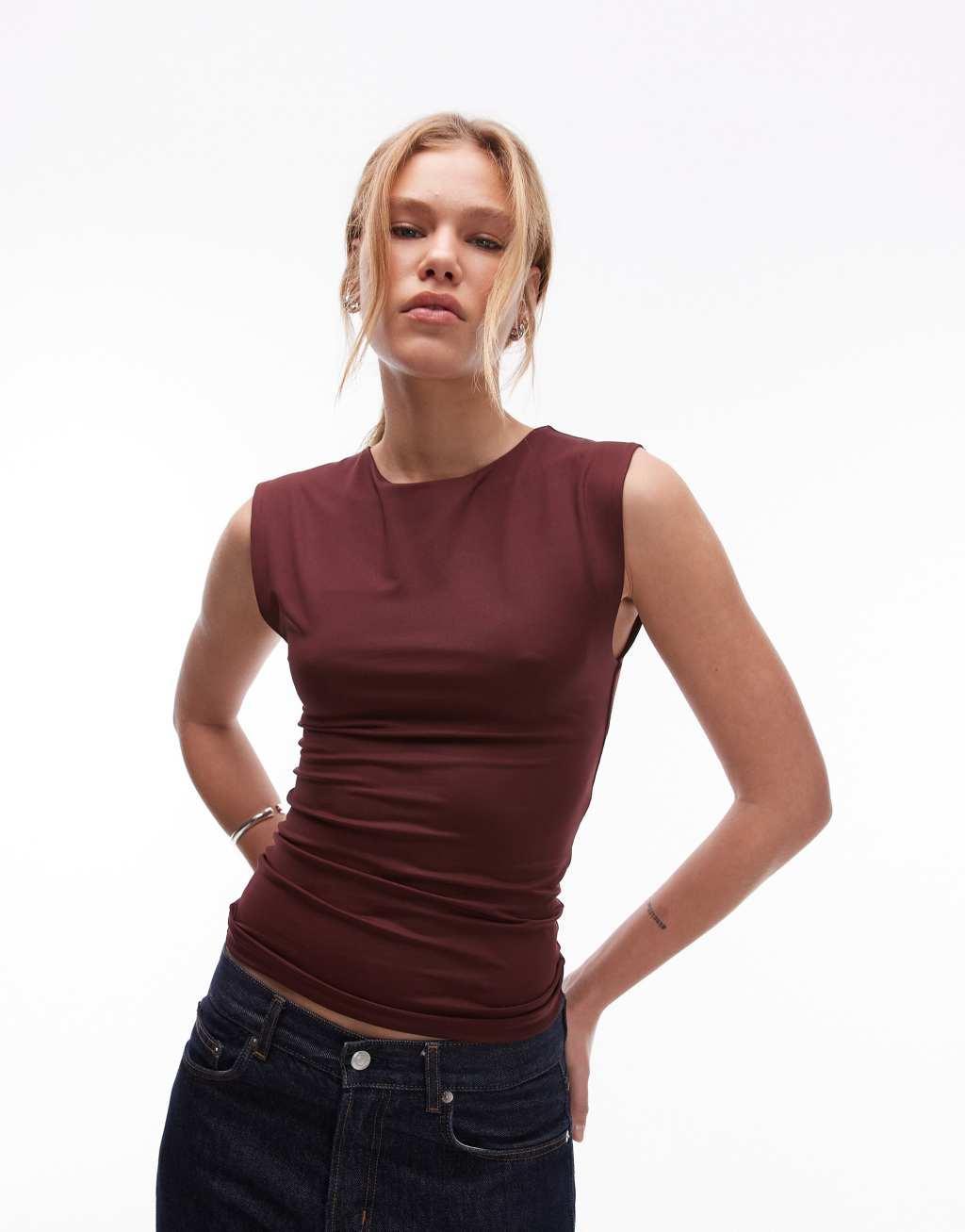 Topshop short sleeve slinky top in brown Product Image