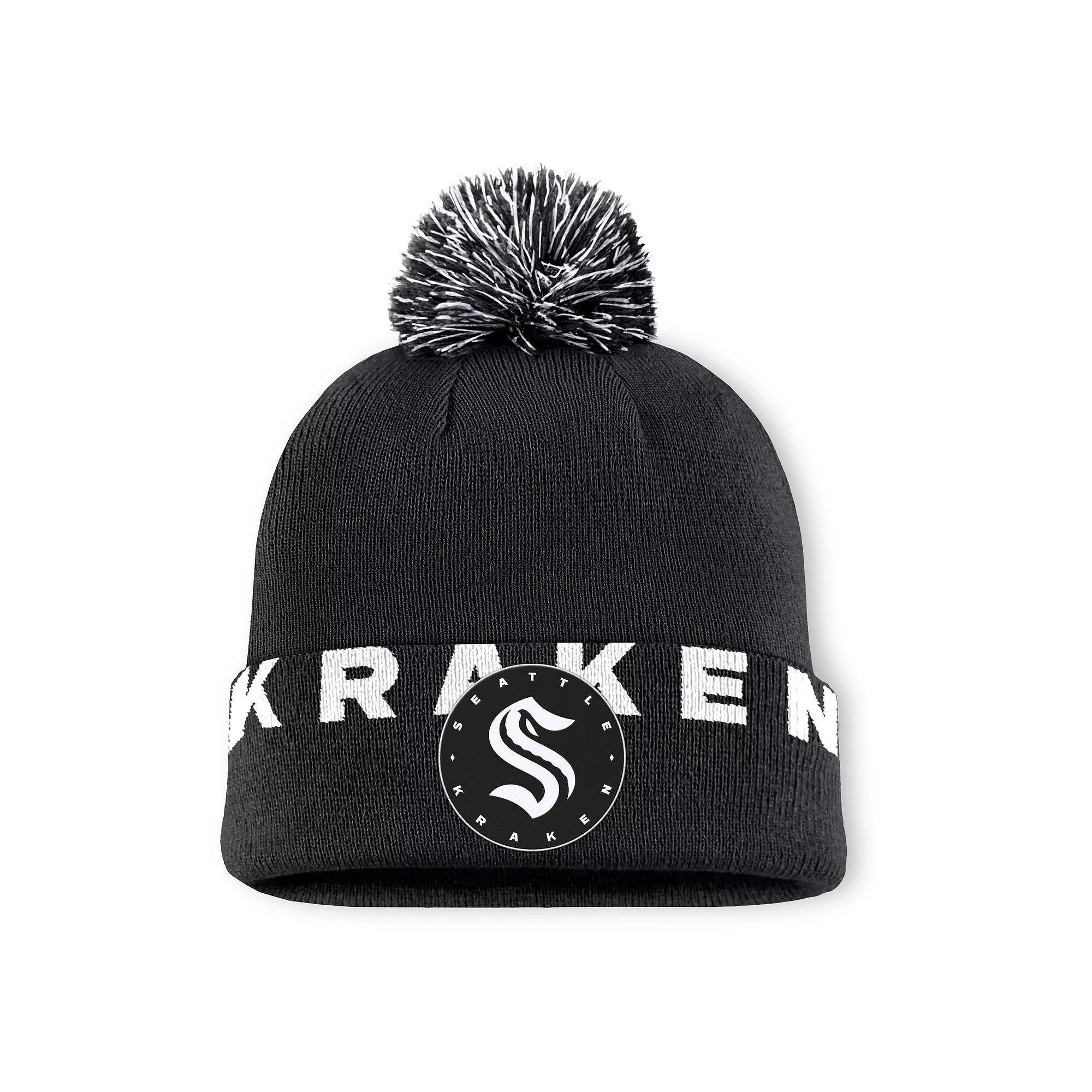 Men's Fanatics  Black Seattle Kraken Fundamental High Stick Cuffed Knit Hat with Pom, Krk Black Product Image
