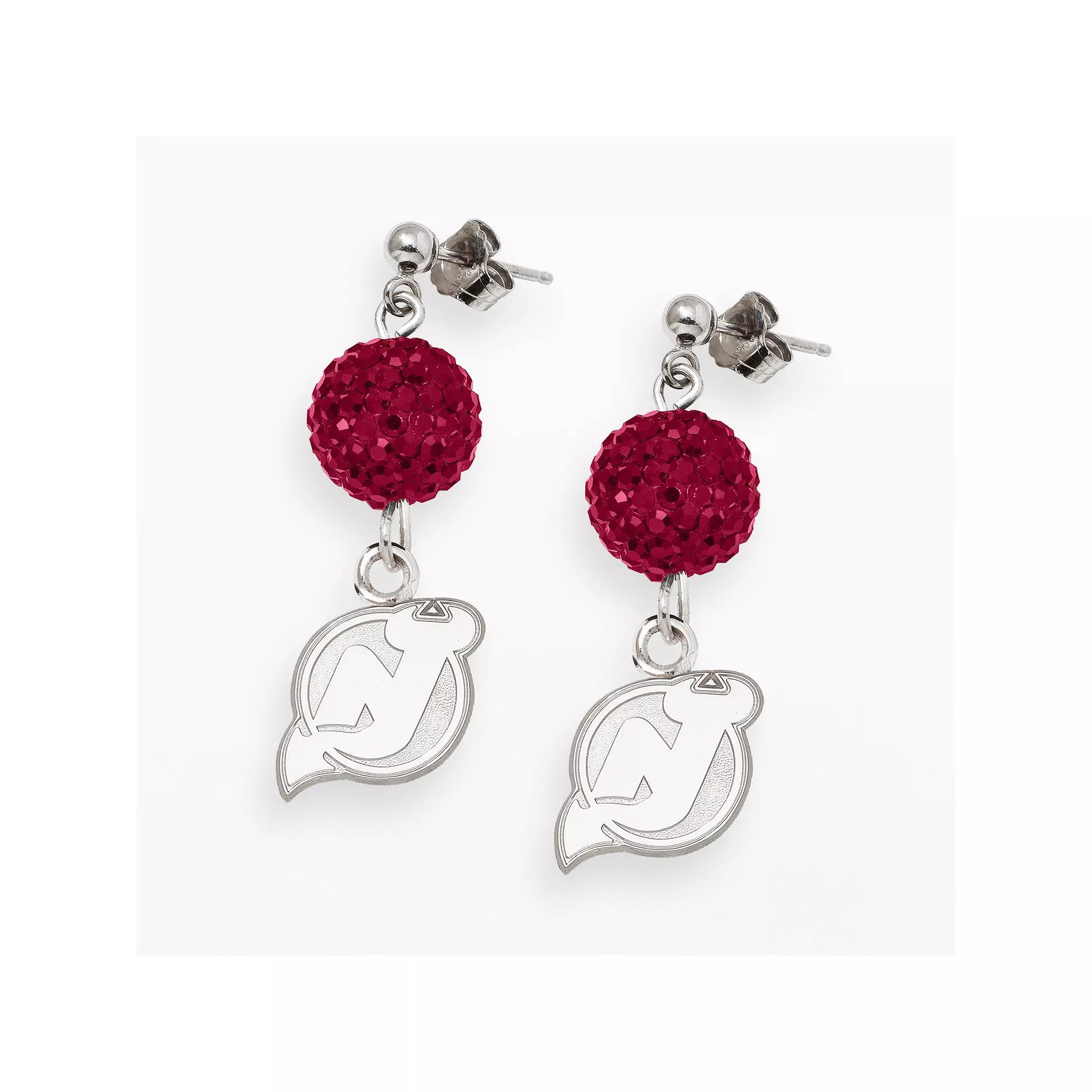 LogoArt New Jersey Devils Sterling Silver Crystal Ball Drop Earrings, Women's, Red Product Image