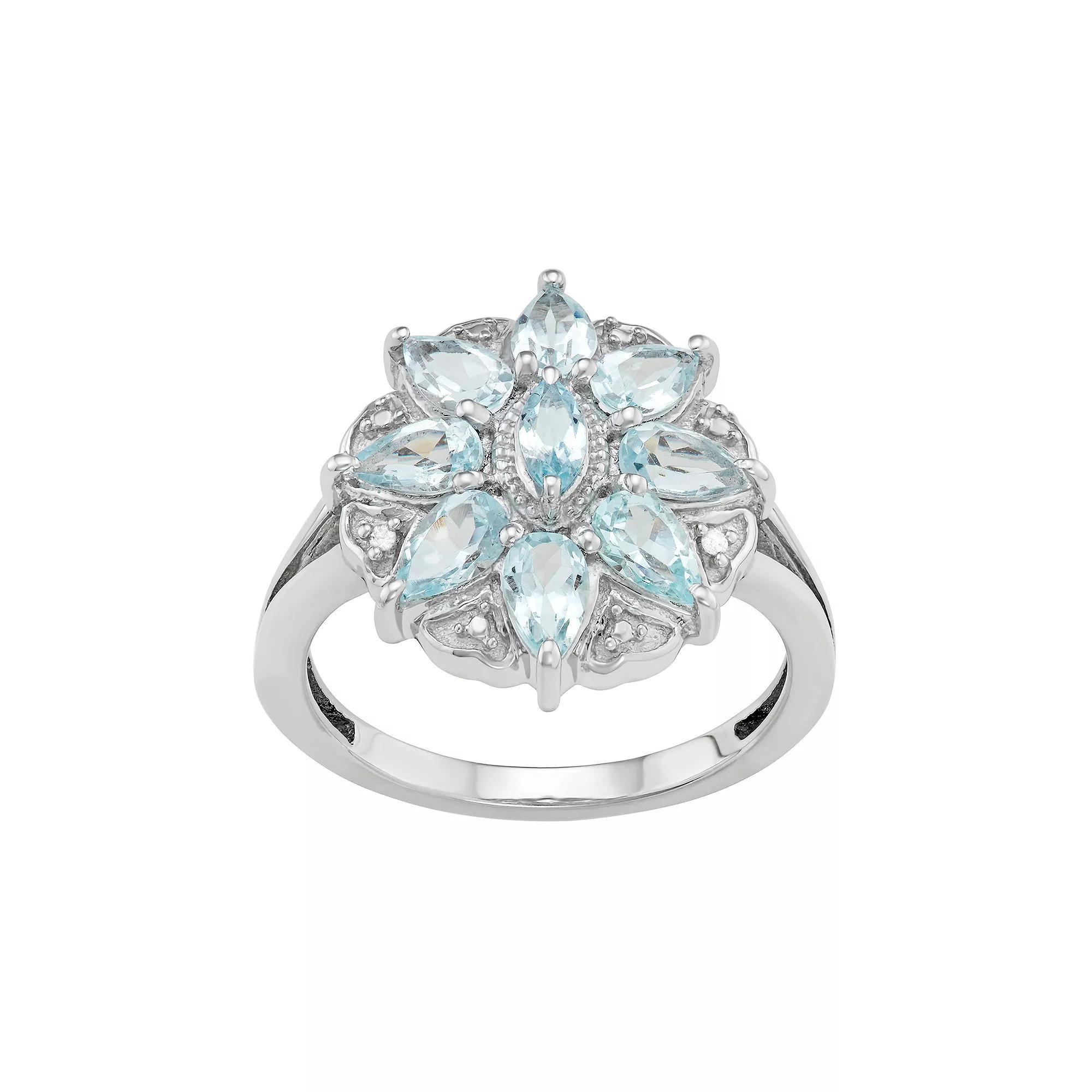 Jewelexcess Sterling Silver Aquamarine & Diamond Accent Flower Ring, Women's, Size: 6 Product Image