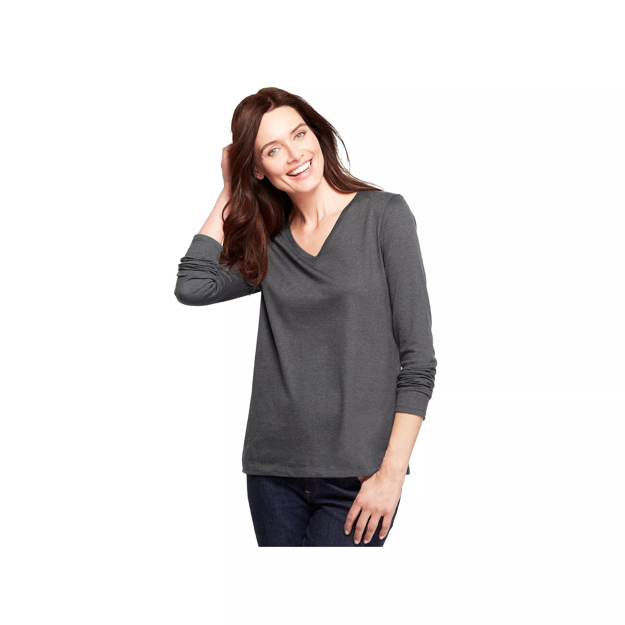 Women's Lands' End Relaxed-Fit Supima Long Sleeve Cotton V-Neck Tee, Size: Large, Black Product Image