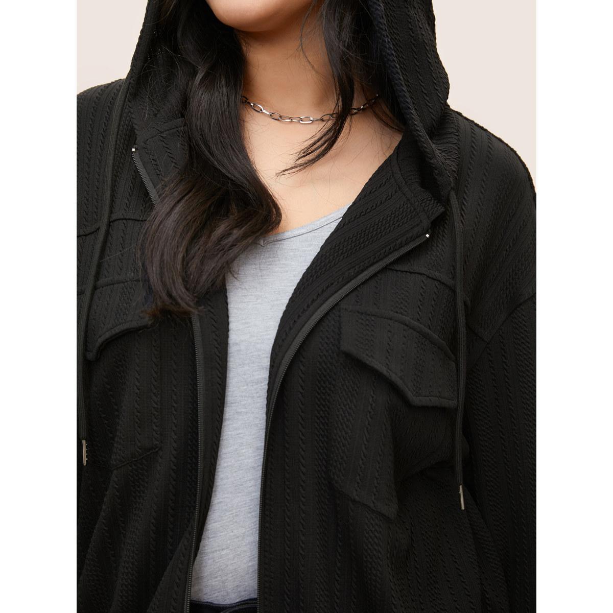Plus Size Plisse Drawstring Hooded Flap Pocket Front Jacket Women Black Non Patch pocket Everyday Jackets BloomChic 18-20/2X Product Image