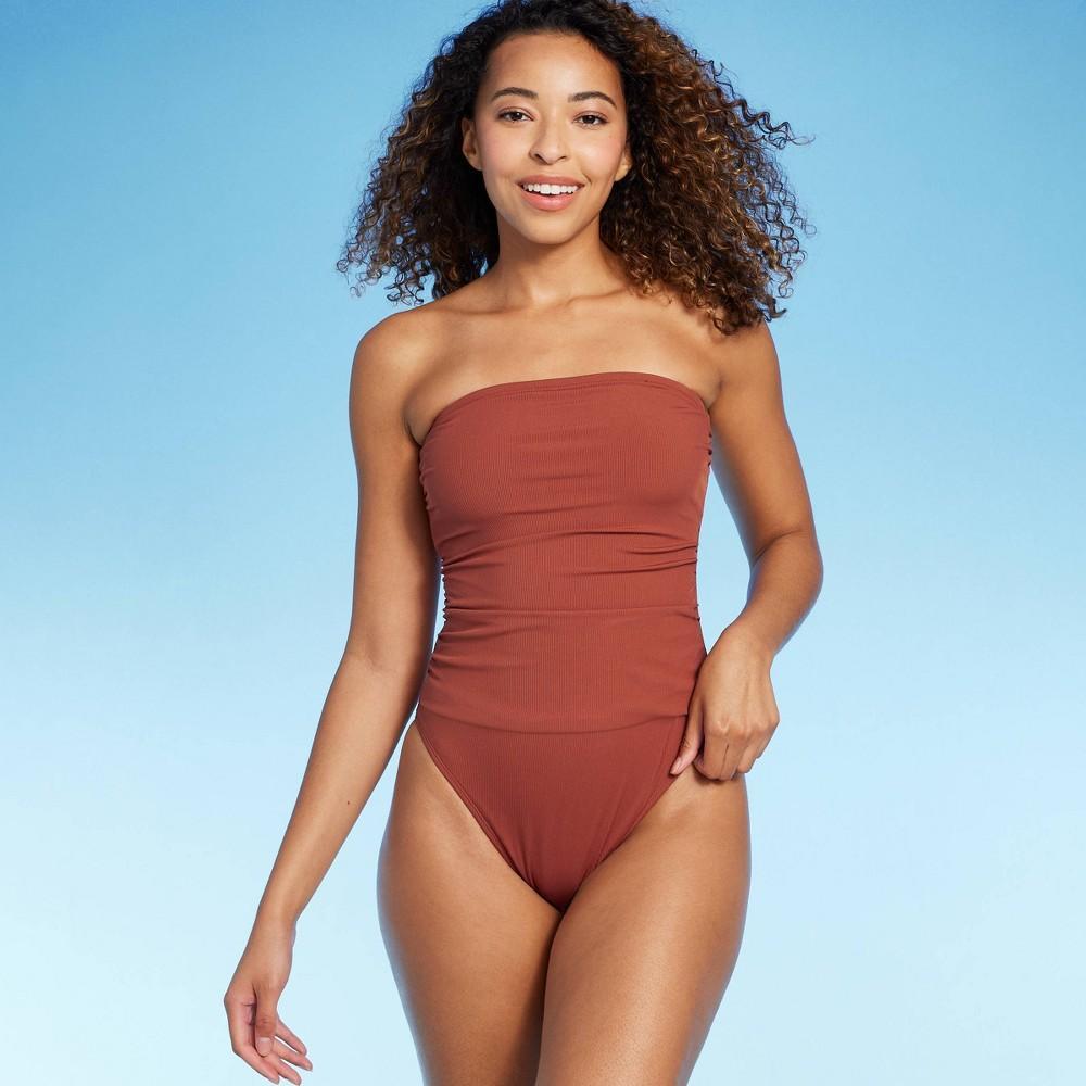 Womens Shirred Ribbed Bandeau Cheeky One Piece Swimsuit - Shade & Shore Product Image