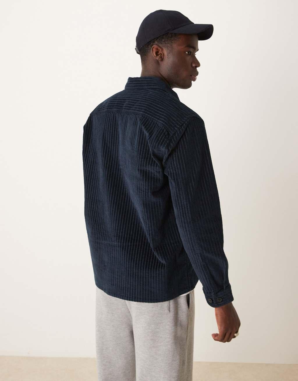 Selected Homme cord overshirt in navy pin stripe Product Image