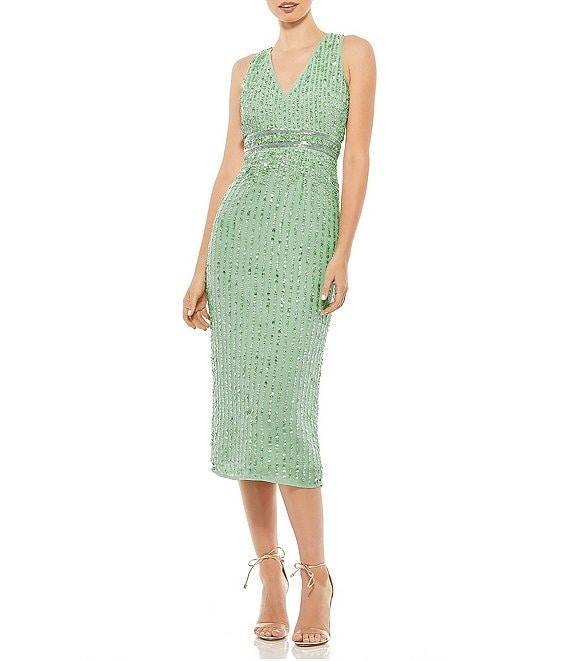 Mac Duggal Sequin V-Neck Sleeveless Midi Dress Product Image