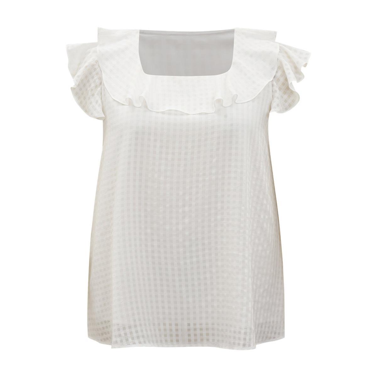 Plus Size Ivory Gingham Flutter Cap Sleeve Tiered Blouse Women Elegant Cap Sleeve Square Neck Dailywear Blouses BloomChic 22-24/3X Product Image