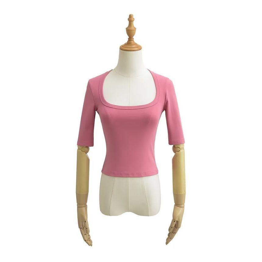 Elbow-Sleeve Square Neck Plain Crop Slim Fit Tee Product Image